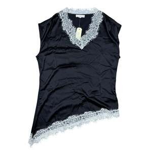 NWT Love & Promises Black Satin V-Neck Top White Eyelash Lace Trim Size S